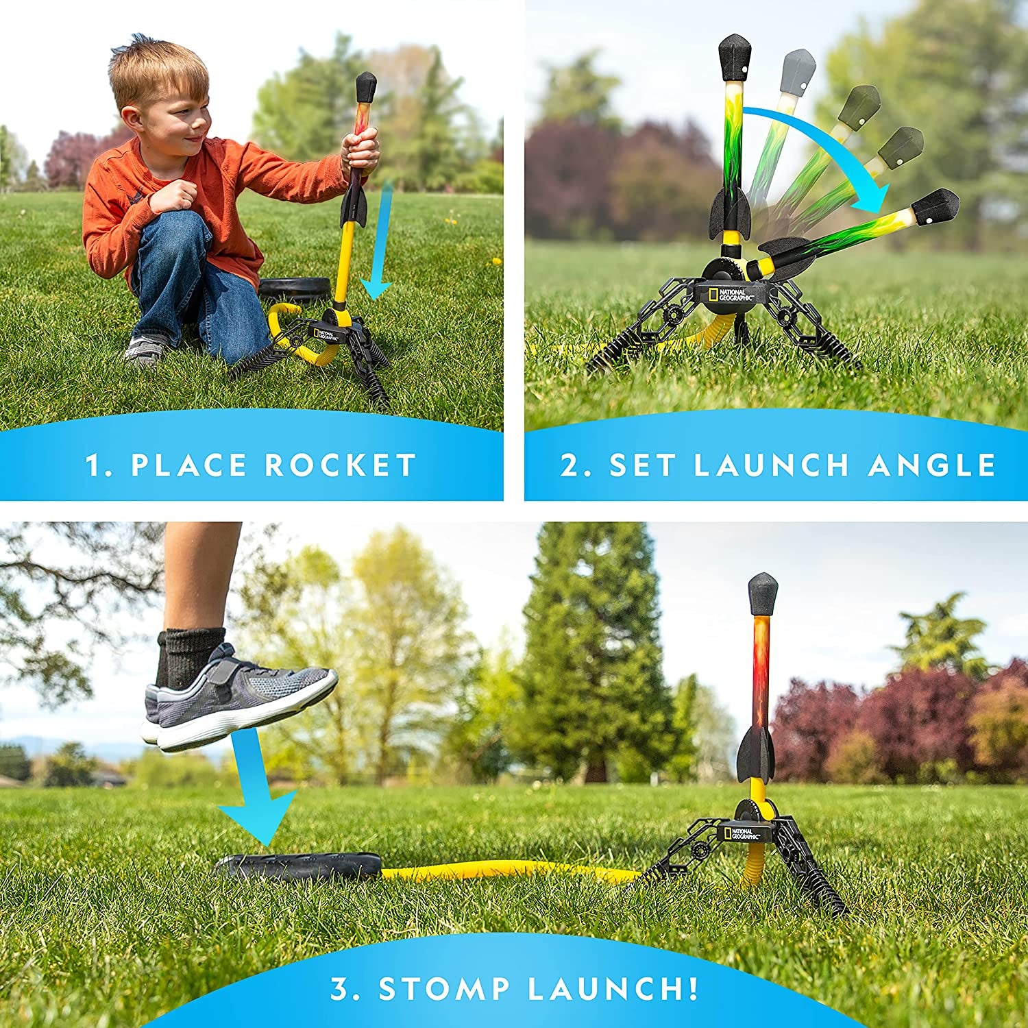 National Geographic Air Rocket Toy – Ultimate LED Rocket Launcher for Kids, Jump and Launch the Light Up, Air Powered, Foam Tipped Rockets up to 100 Feet