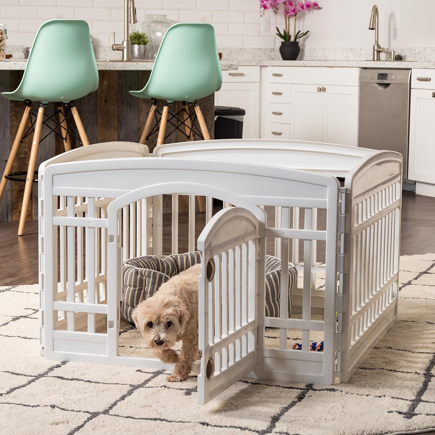 USA 24" Exercise 4-Panel Pet Playpen with Door, Dog Playpen, Puppy Playpen, for Puppies and Small Dogs, Keep Pets Secure, Easy Assemble, Fold It Down, Easy Storing, Customizable, White