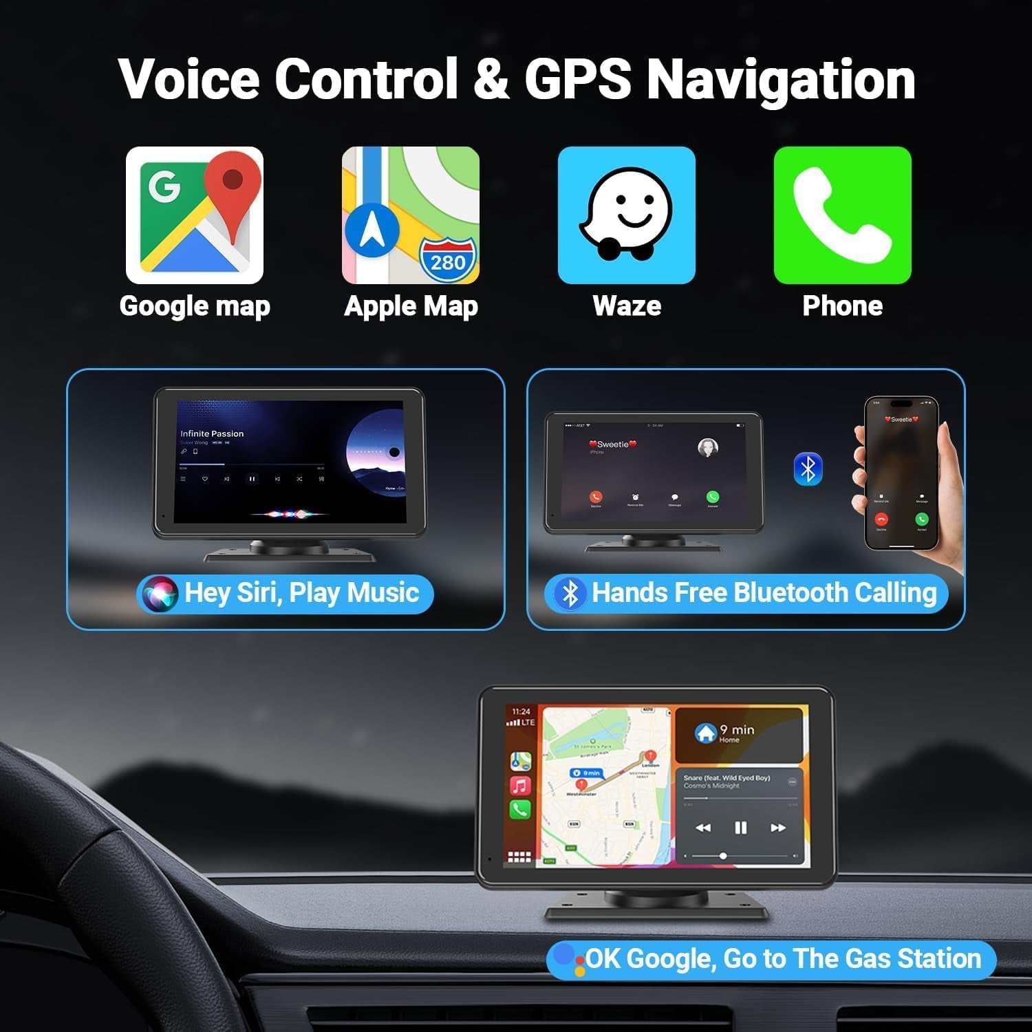 Apple Carplay Wireless Portable Touchscreen Car Stereo Bluetooth Voice Control 7" Apple Car Play & Android Auto Car Audio HD Screen with 1080P Backup Camera GPS Navigation/Mirror Link Fits All Cars