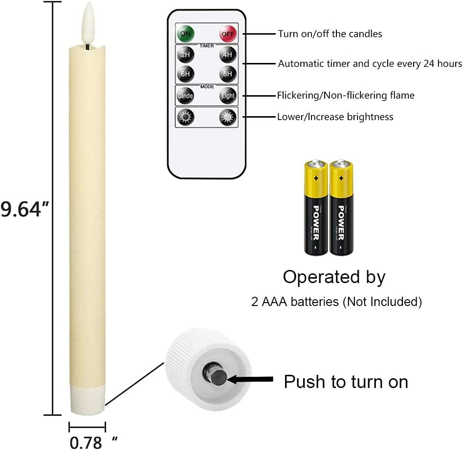 Flameless Ivory Taper Candles Flickering with 10-Key Remote, Battery Operated Led Warm 3D Wick Light Window Candles Real Wax Pack of 6, Christmas Home Wedding Decor(0.78 X 9.64 Inch)