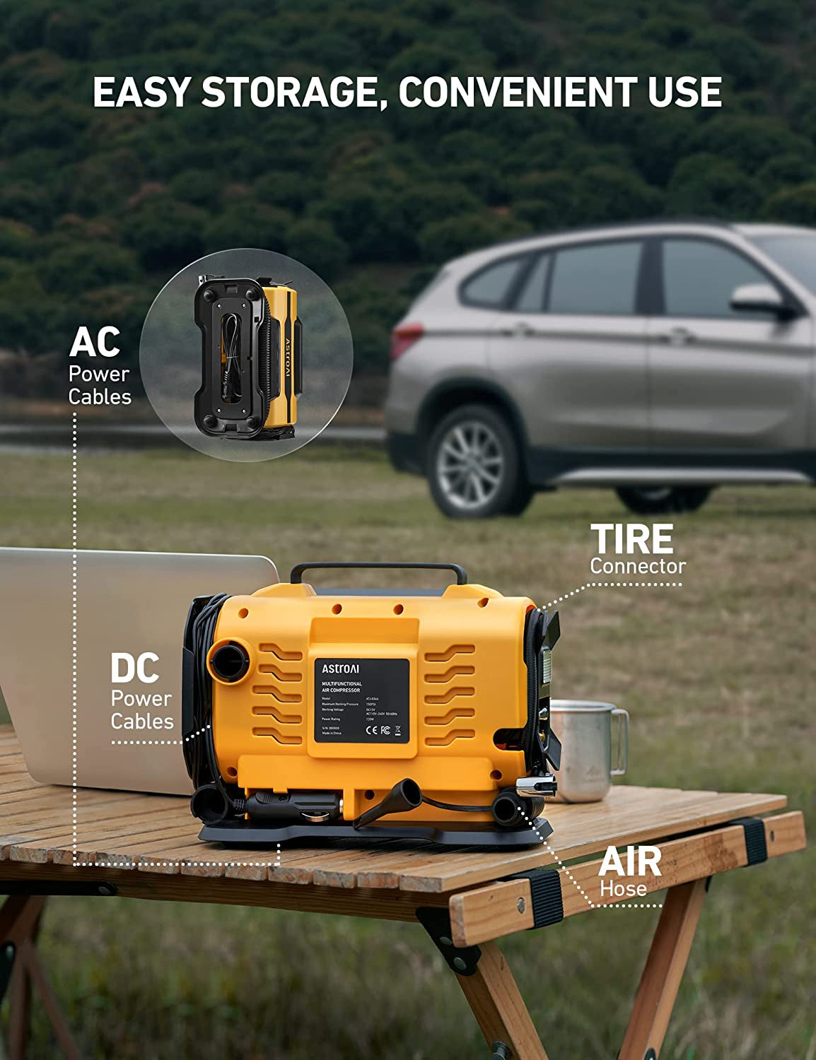 Tire Inflator Portable Air Compressor Pump 150PSI 12V DC/110V AC with Dual Metal Motors &LED Light， Automotive Car Accessories&Two Mode for Car, Bicycle Tires and Air Mattresses, Yellow