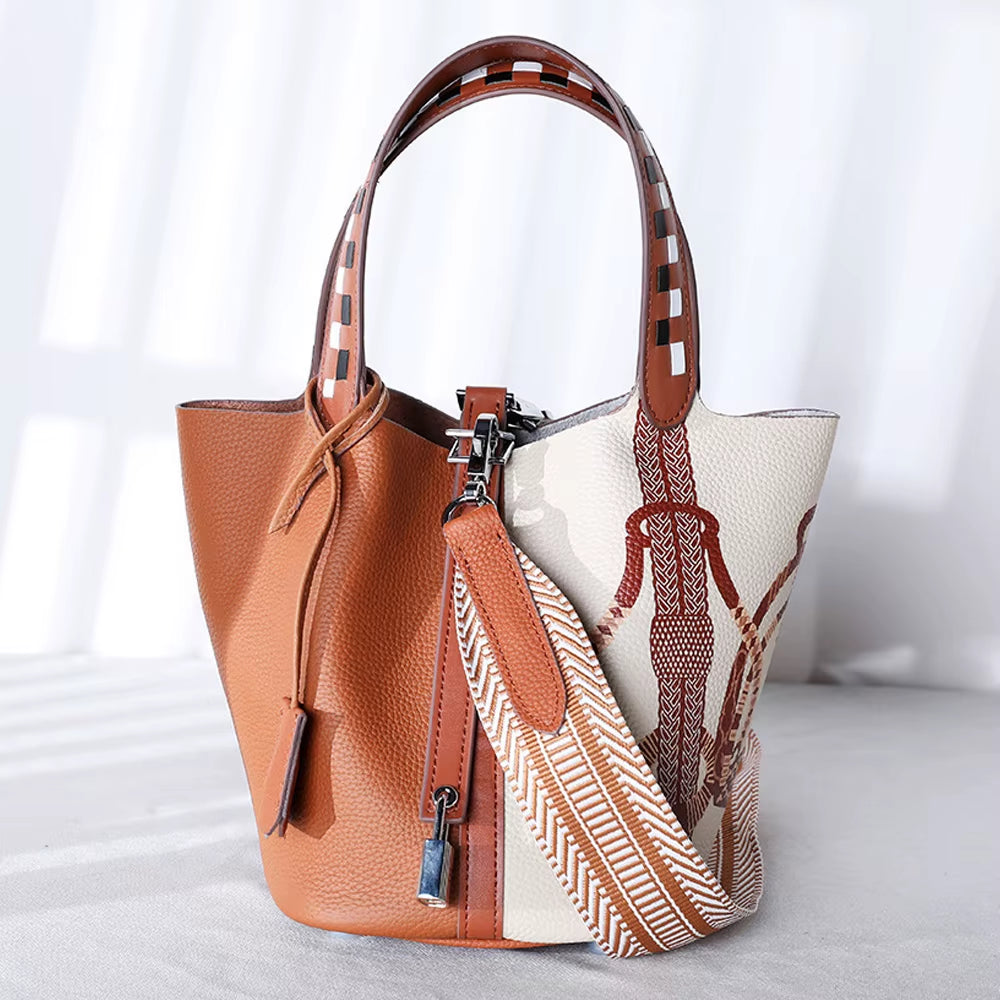 Various Genuine Leather Luxury Bag Fashion  Vegetable Basket Style Portable Women Bucket Bag with Lock