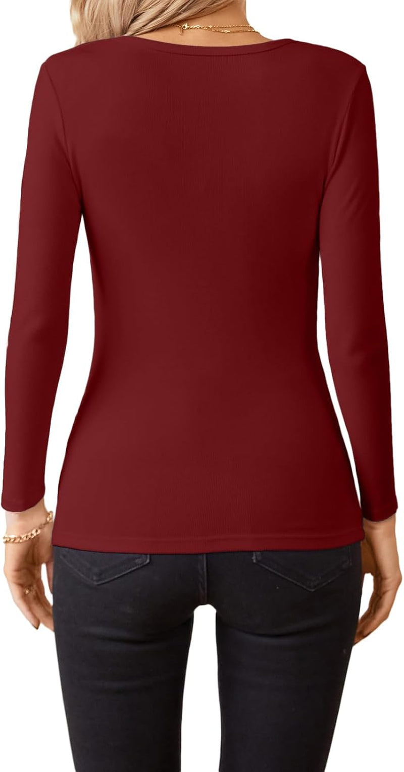 Womens Fall Long Sleeve Stretch Slim round Neck Ribbed Basic Shirts