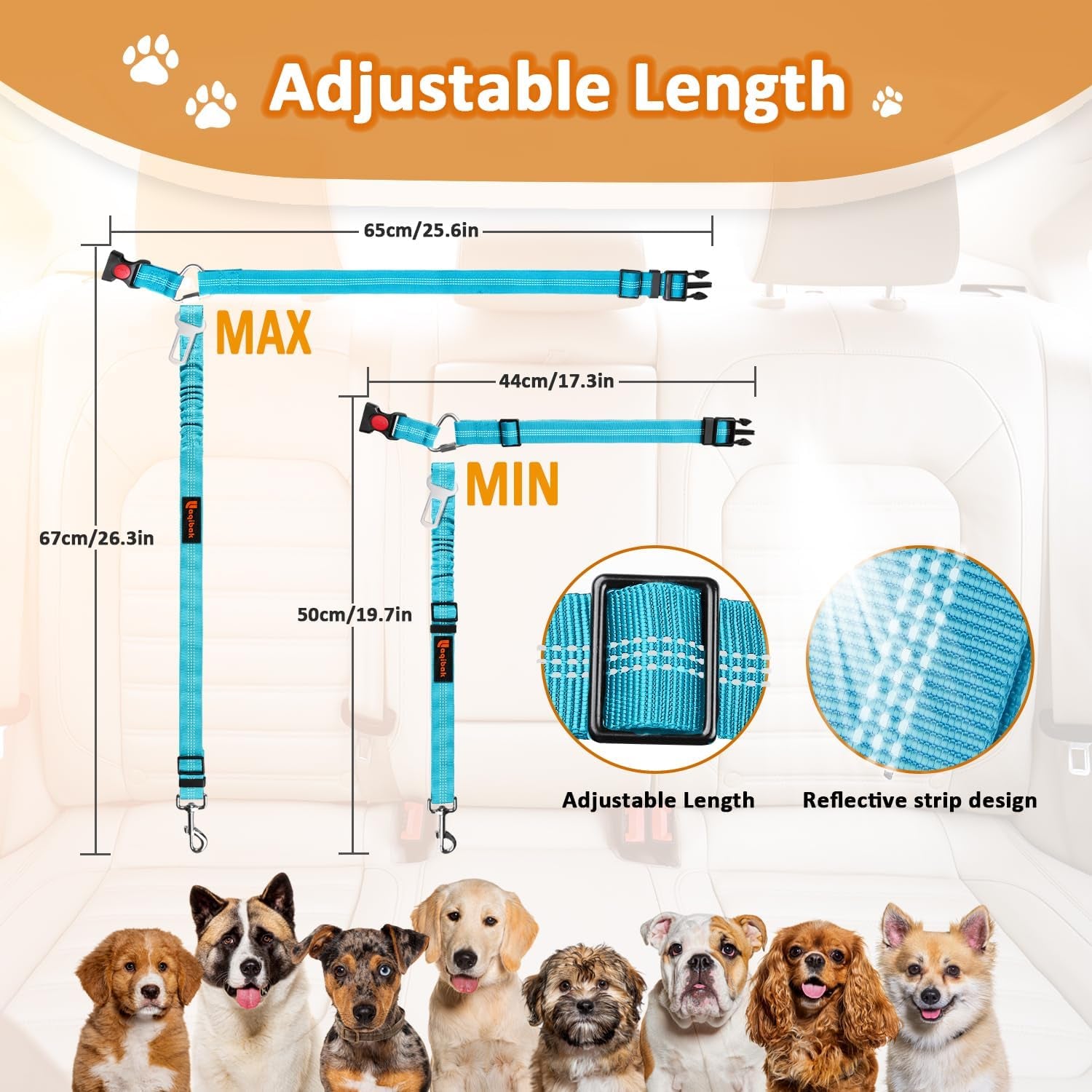 Removable Dog Seat Belt Harness for Car, 3 in 1 Pet Dog Car Seatbelt Leash, Retractable Restraint Secures to Vehicle Headrest & Adjustable Reflective Bungee Dog Seatbelt Tether with Poop Bag