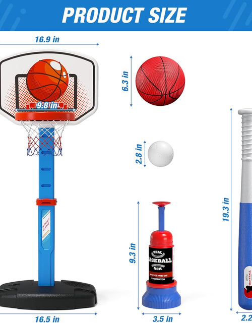 Load image into Gallery viewer, 2 in 1 Kids Basketball Hoop and T Ball Set - Adjustable Height, Kids Baseball Tee with Automatic Pitching Machine, Indoor Outdoor Sport Toys Gifts for Toddler Boys Girls Age 1-5, Blue
