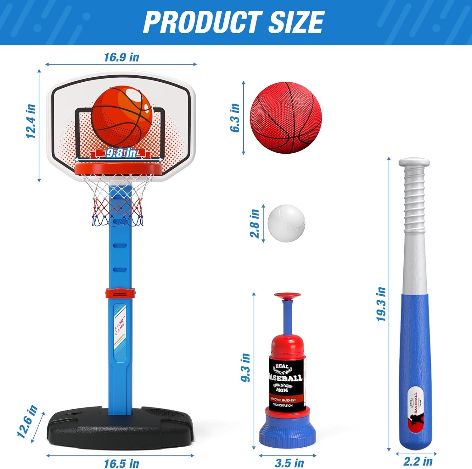 2 in 1 Kids Basketball Hoop and T Ball Set - Adjustable Height, Kids Baseball Tee with Automatic Pitching Machine, Indoor Outdoor Sport Toys Gifts for Toddler Boys Girls Age 1-5, Blue