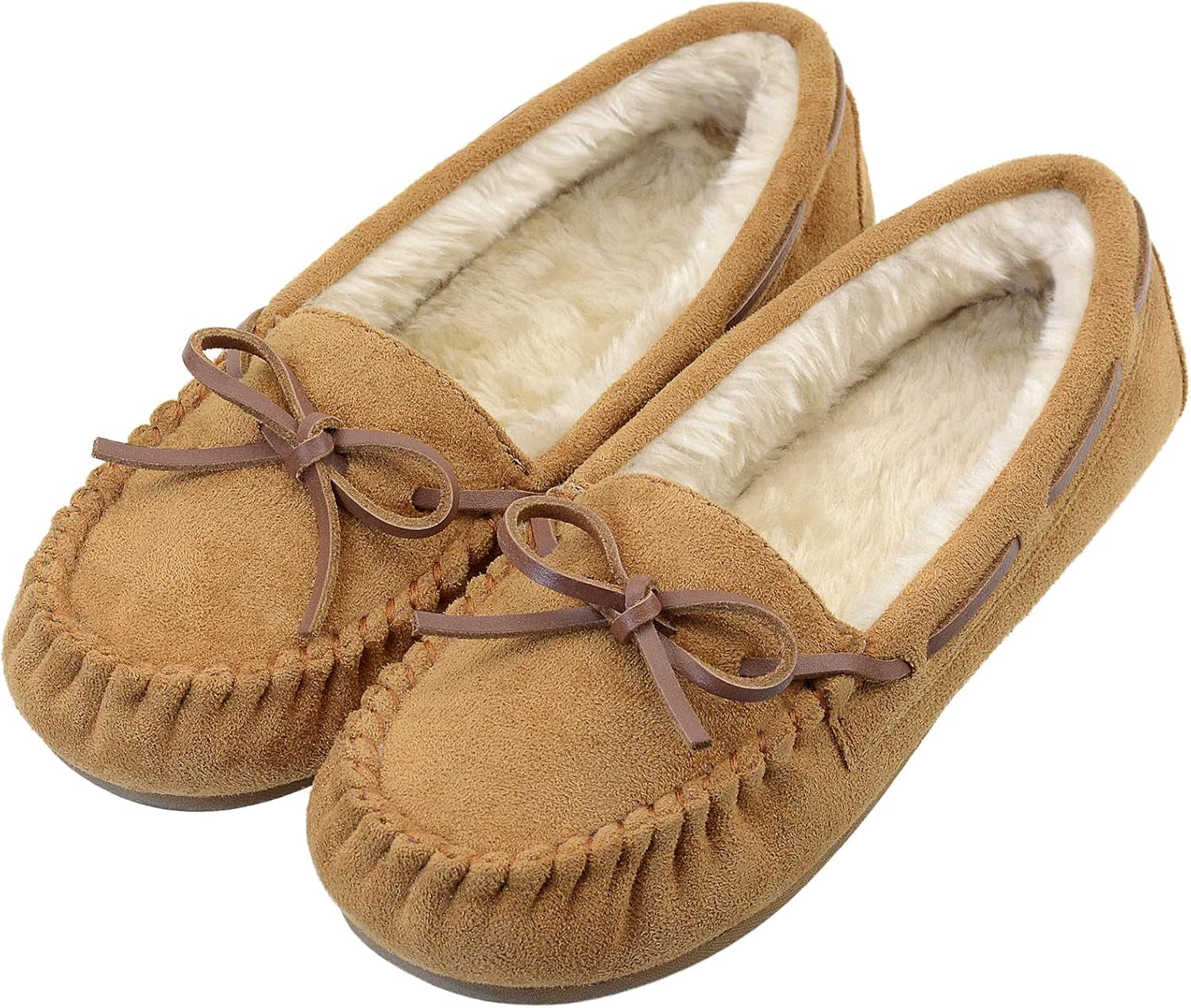 Women'S Moccasin Slippers Micro Suede Warm Faux Fur Pile Lined Lace-Up Cozy Bow Indoor & Outdoor Moccasins Slip on Loafers Shoes for Women