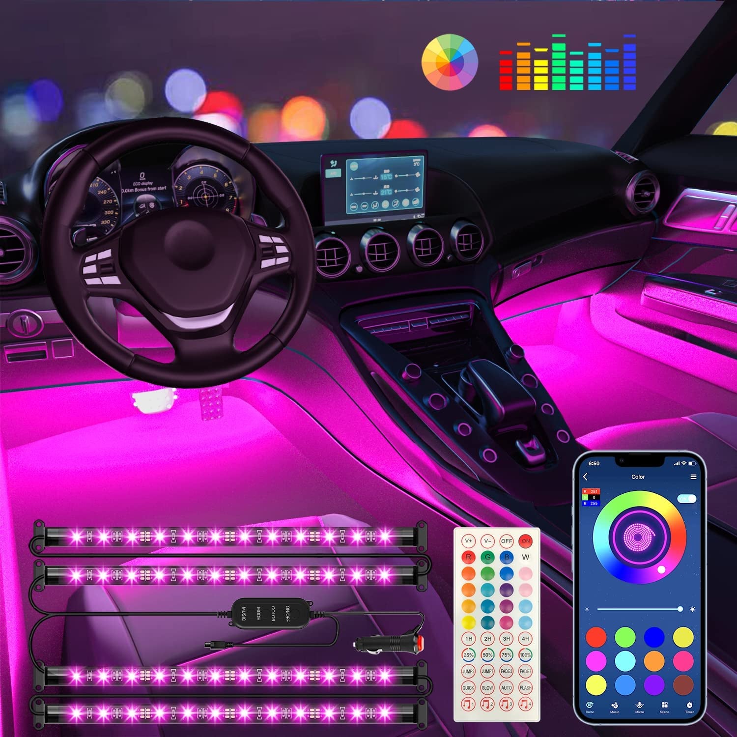 Interior Car Lights  Car Accessories APP Control with Remote Music Sync Color Change RGB under Dash Car Lighting with Charger 12V LED Lights Running Board Lights