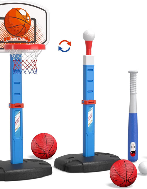 Load image into Gallery viewer, 2 in 1 Kids Basketball Hoop and T Ball Set - Adjustable Height, Kids Baseball Tee with Automatic Pitching Machine, Indoor Outdoor Sport Toys Gifts for Toddler Boys Girls Age 1-5, Blue
