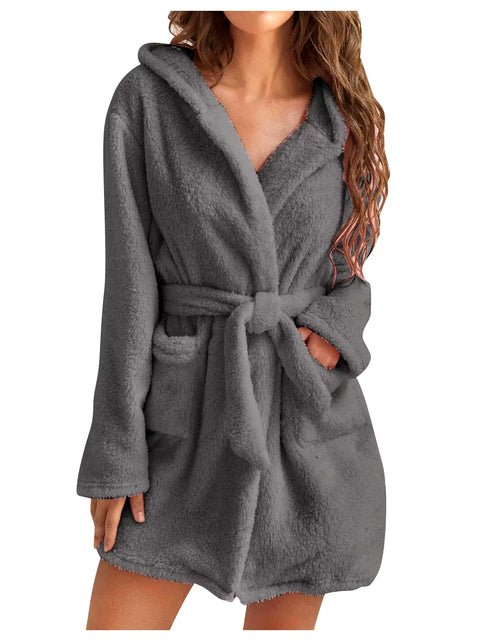 Load image into Gallery viewer, Women Bath Robe Winter Fluffy Plush Pyjamas Ladies Sexy Hooded Dressing Solid Color Gown Warm Bathrobe Female Home Clothing
