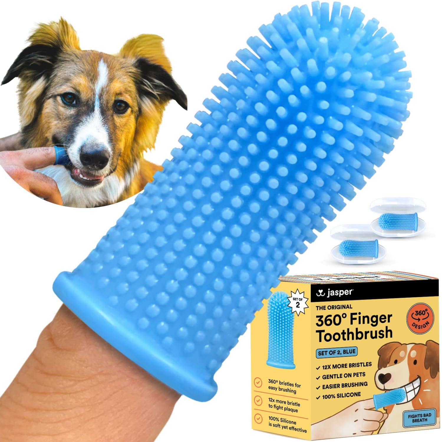 Dog Toothbrush, 360º Dog Tooth Brushing Kit, Cat Toothbrush, Dog Teeth Cleaning, Dog Finger Toothbrush, Dog Tooth Brush for Small & Large Pets, Dog Toothpaste Not Included, 2-Pack Blue