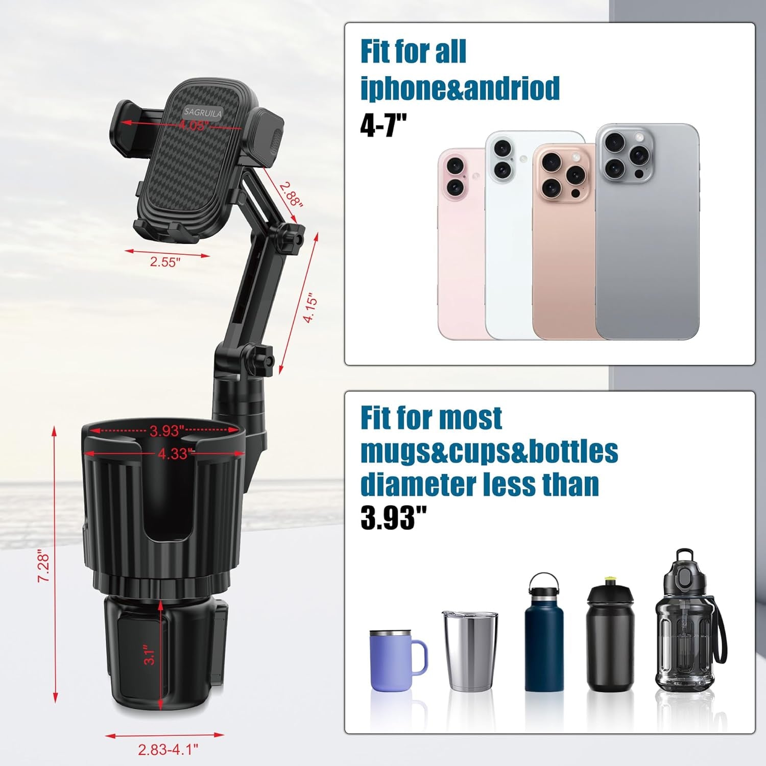 Cup Holder Phone Mount for Car, Car Cup Holder Phone Holder with Expandable Base, 2 in 1 Cup Phone Holder Adapter for Car, 360 Degree Rotating Neck, Fits All 4-7” Smartphones and Most Bottles