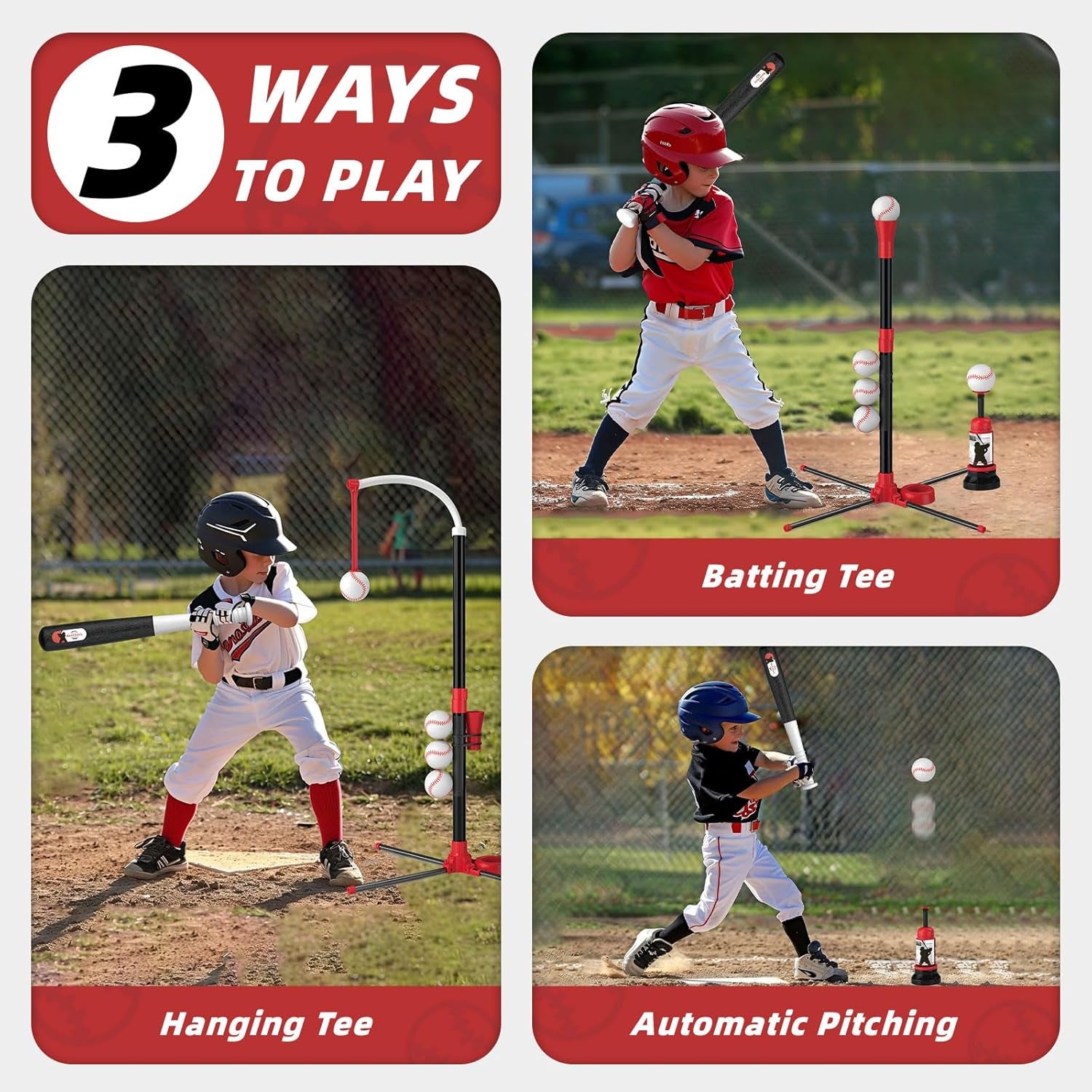 3-In-1 T Ball Set - Adjustable Height, Hanging Tee Ball Set with Automatic Pitching Machine/6 Balls/Retractable Bat, T Ball Stand Suit for Outdoor, Sport Toys Gifts for Kids Boys Age 3+