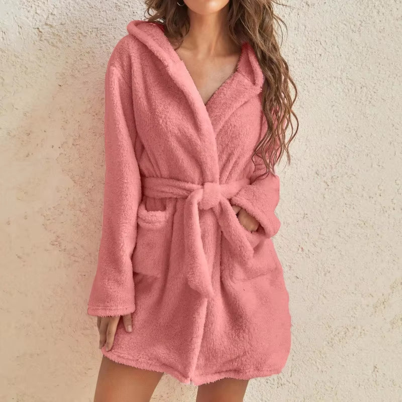 Women Bath Robe Winter Fluffy Plush Pyjamas Ladies Sexy Hooded Dressing Solid Color Gown Warm Bathrobe Female Home Clothing