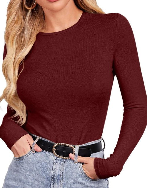 Load image into Gallery viewer, Womens Fall Long Sleeve Stretch Slim round Neck Ribbed Basic Shirts
