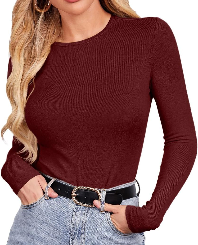 Womens Fall Long Sleeve Stretch Slim round Neck Ribbed Basic Shirts