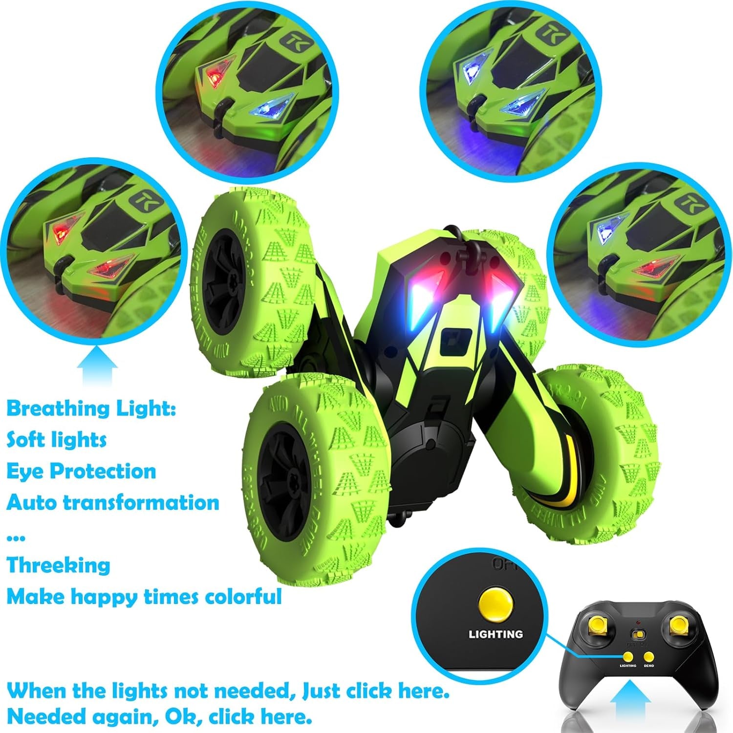 RC Stunt Cars Remote Control Car Double-Sided Driving 360-Degree Flips Rotating Car Toy, Green