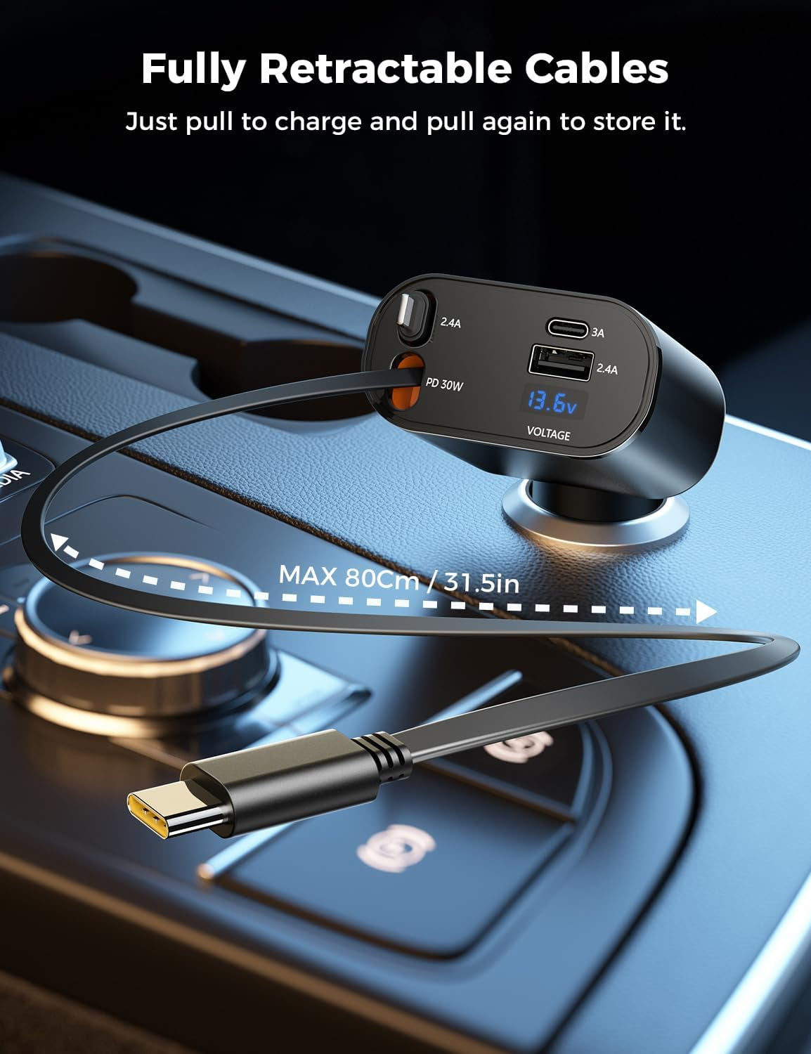 【Upgraded】  Retractable Car Charger 4 in 1, Fast Car Phone Charger with Cord 2.6Ft, USB C and Apple Car Charger Adapter, Compatible with Iphone 16 15/15 Pro Max/14/13/12/11, Galaxy, Pixel