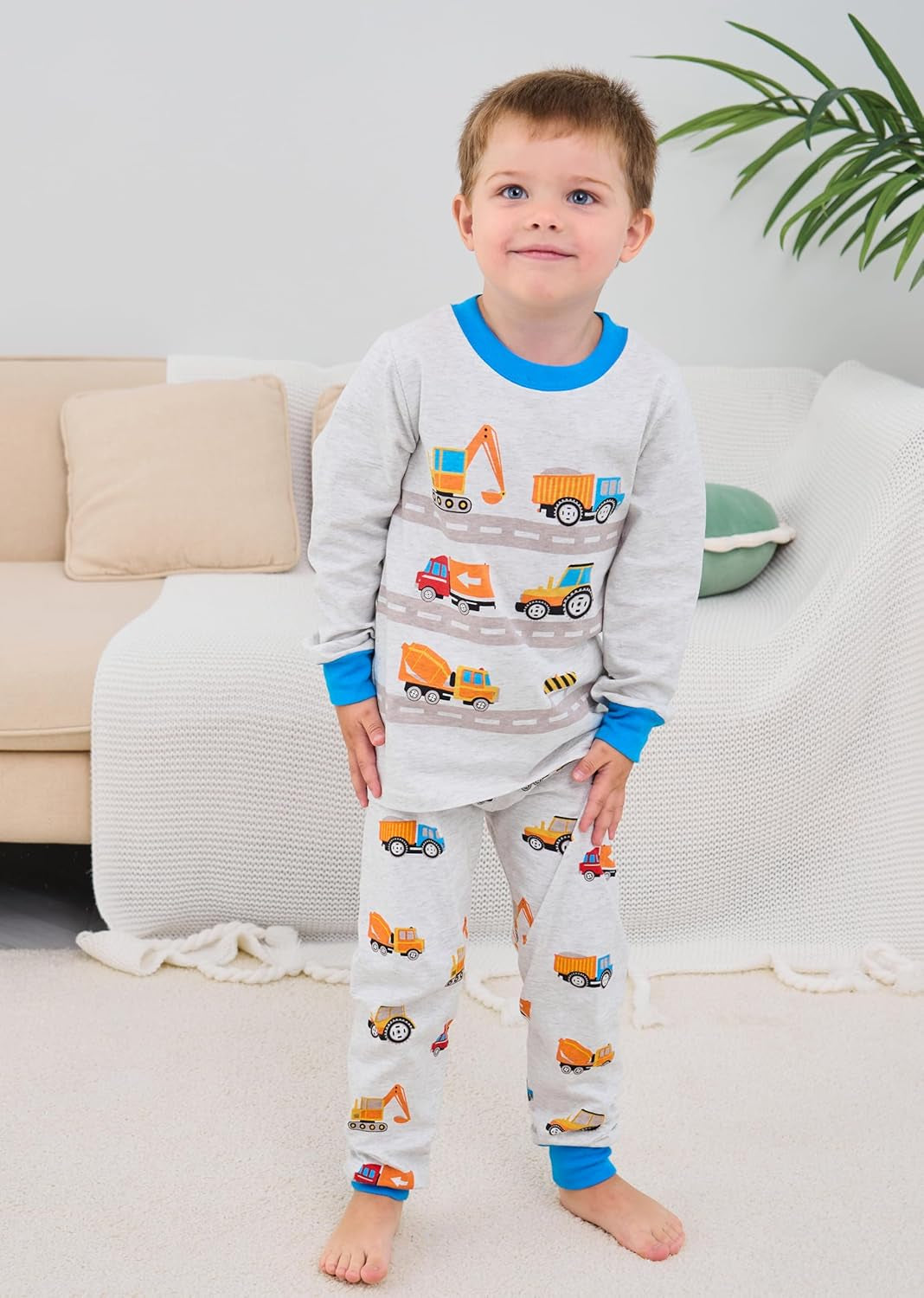 Boys Pajamas 100% Cotton Truck Pjs Toddler 2 Piece Sleepwear Kids Winter Clothes Set 3T-10T