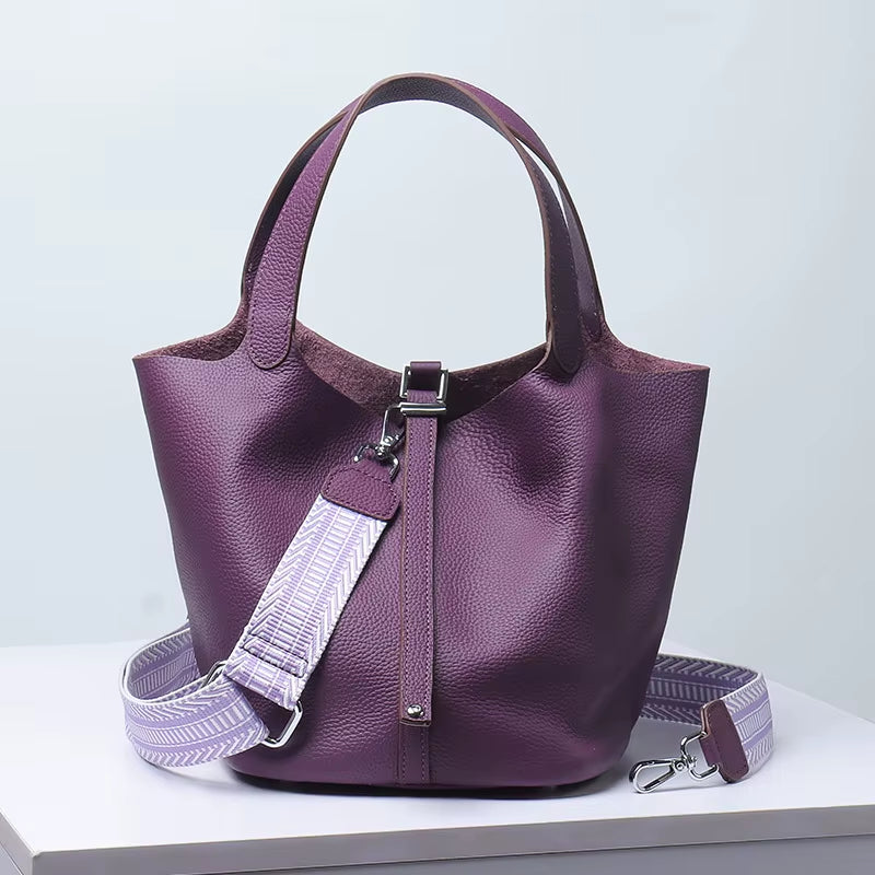 Various Genuine Leather Luxury Bag Fashion  Vegetable Basket Style Portable Women Bucket Bag with Lock