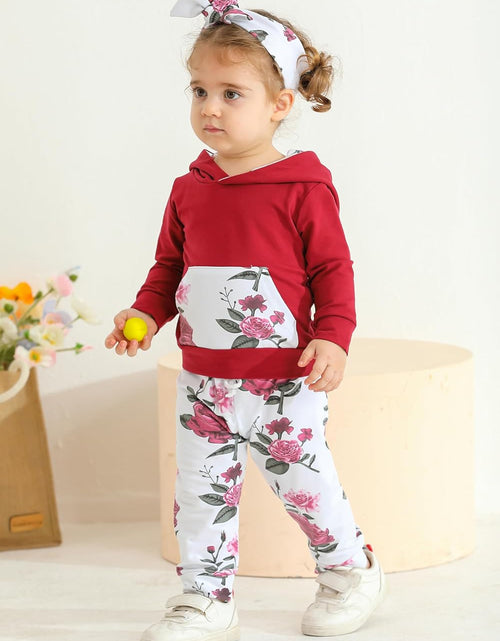 Load image into Gallery viewer, Baby Girl Clothes Long Sleeve Floral Hoodie Sweatshirt Pants with Pocket Headband Outfit Sets
