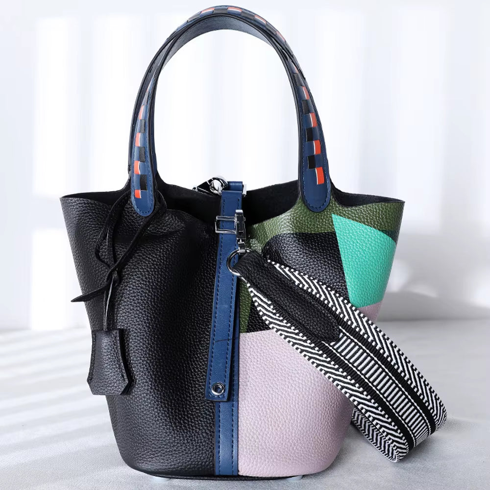 Various Genuine Leather Luxury Bag Fashion  Vegetable Basket Style Portable Women Bucket Bag with Lock