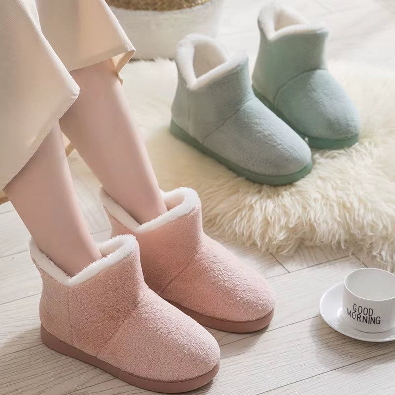 Women Winter Slippers Warm Plush Slip-On Couples Home Floor Shoes Anti-Slip Comfortable Flats Female Soft Faux Fur Boots