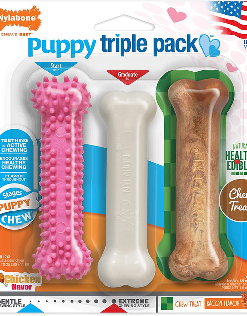 Load image into Gallery viewer, Puppy Triple Pack - Pink Puppy Teething Toy, Nylon Dog Toy, &amp; Chew Treat Variety Pack - Puppy Supplies - Chicken and Bacon Flavors, Small/Regular (3 Count)
