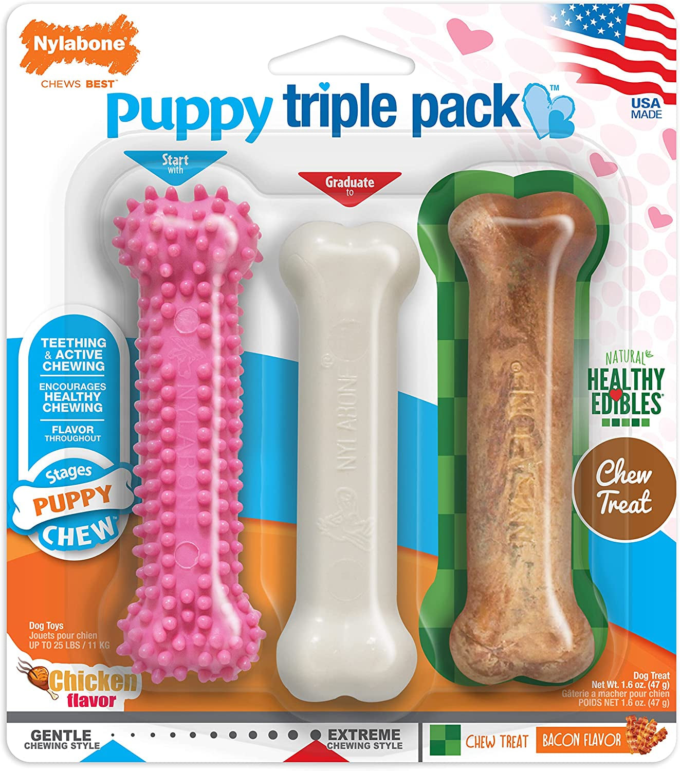 Puppy Triple Pack - Pink Puppy Teething Toy, Nylon Dog Toy, & Chew Treat Variety Pack - Puppy Supplies - Chicken and Bacon Flavors, Small/Regular (3 Count)