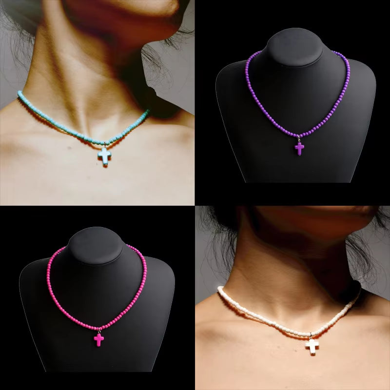 Women Bohemian Necklace 16 Inch Choker Collar 4Mm Stone Beads Cross Colar Girlfriend Gift Beach Jewelry Accessories