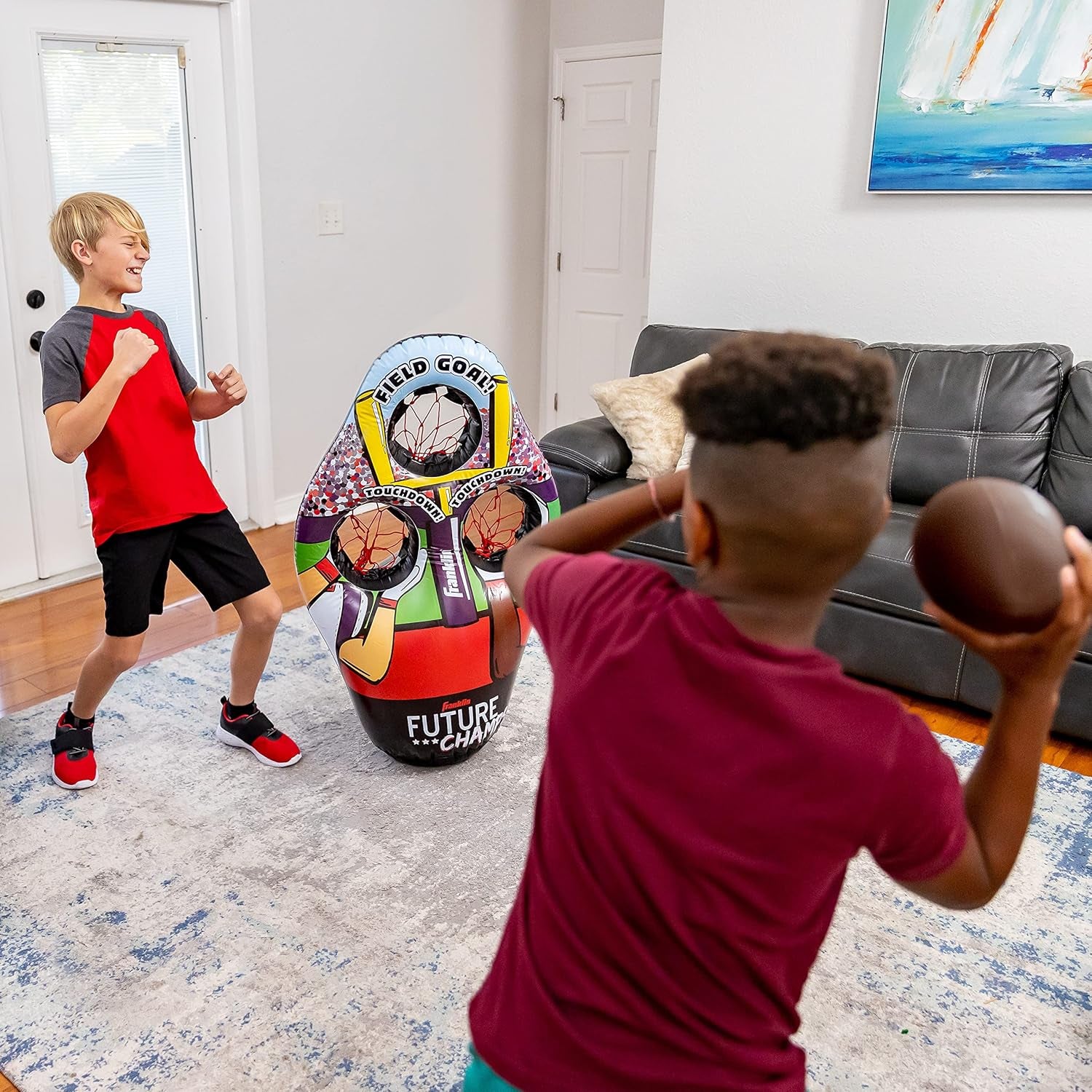 Kids Football Target Toss Game - Inflatable Football Throwing Target Toy with Soft Mini Footballs - Fun Kids Football Toy Toss Game - Inflatable Indoor + Outdoor Sports Game