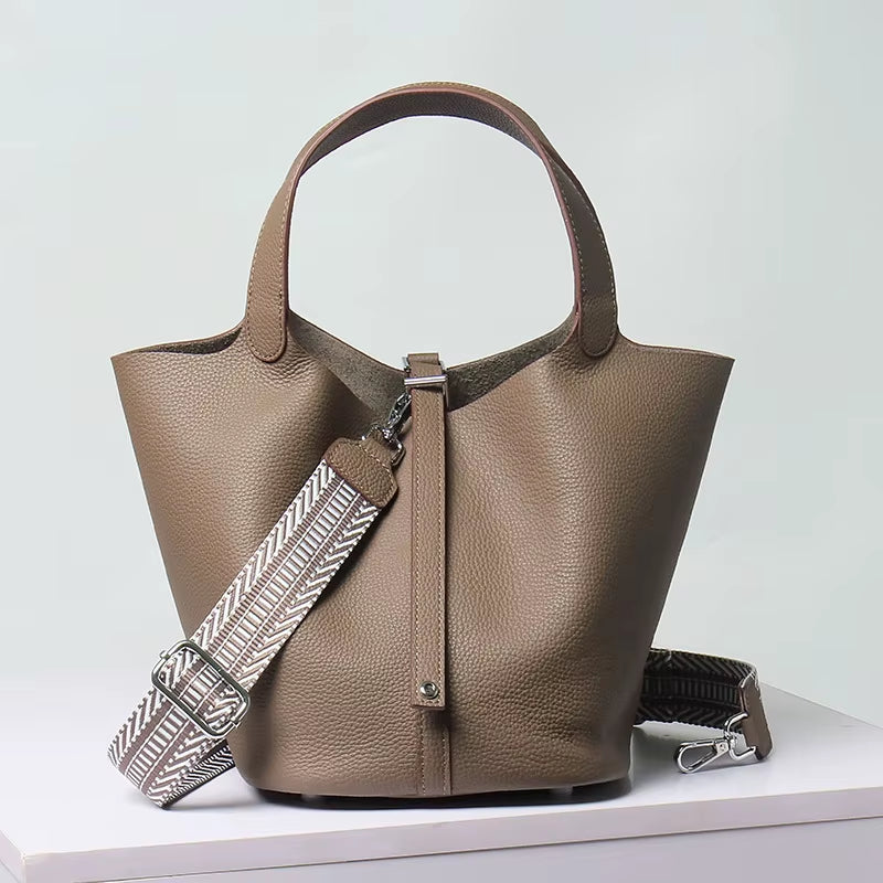 Various Genuine Leather Luxury Bag Fashion  Vegetable Basket Style Portable Women Bucket Bag with Lock