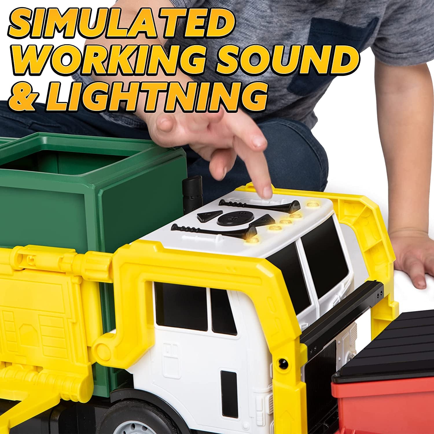 Large Friction Powered Garbage Truck Toy Set, Includes Dumpster, Trash Bins, and Learning Cards for Kids