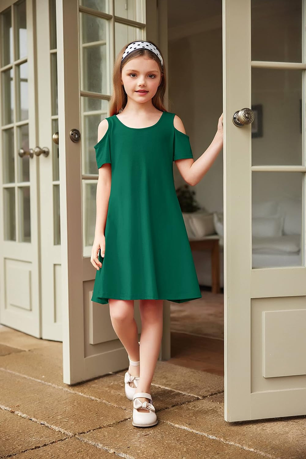 Girls Summer Dress Short Sleeve Cold Shoulder Solid Color Swing Casual Dresses with Pockets