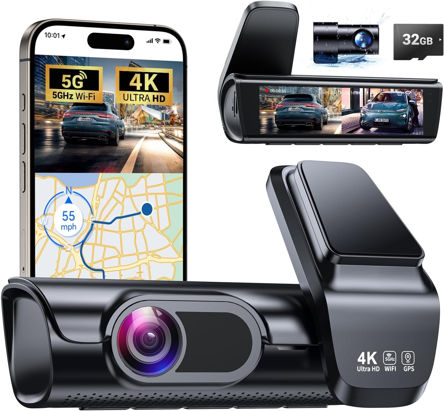 K600 4K Dash Cam Front and Rear, 3.59" IPS Screen, Built-In GPS 5G Wifi Dash Camera for Cars with App, UHD 2160P Night Vision Free 32G SD Card, 170° Wide Angle, HDR, 24H Parking Mode