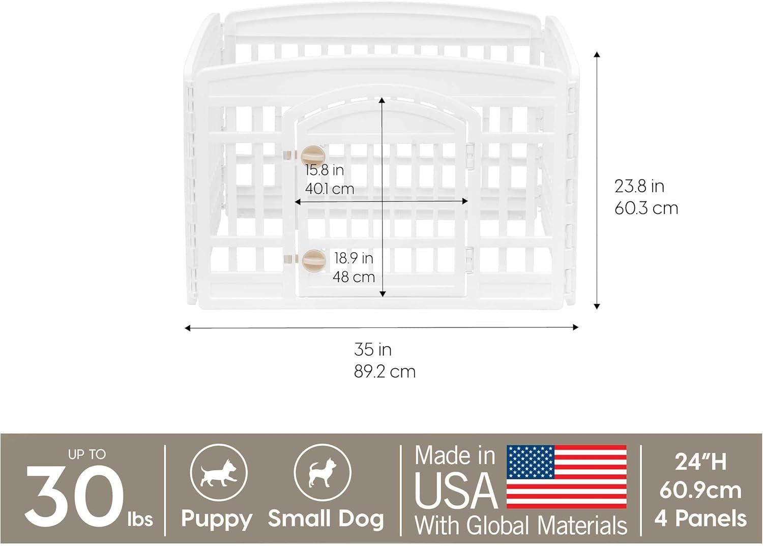 USA 24" Exercise 4-Panel Pet Playpen with Door, Dog Playpen, Puppy Playpen, for Puppies and Small Dogs, Keep Pets Secure, Easy Assemble, Fold It Down, Easy Storing, Customizable, White