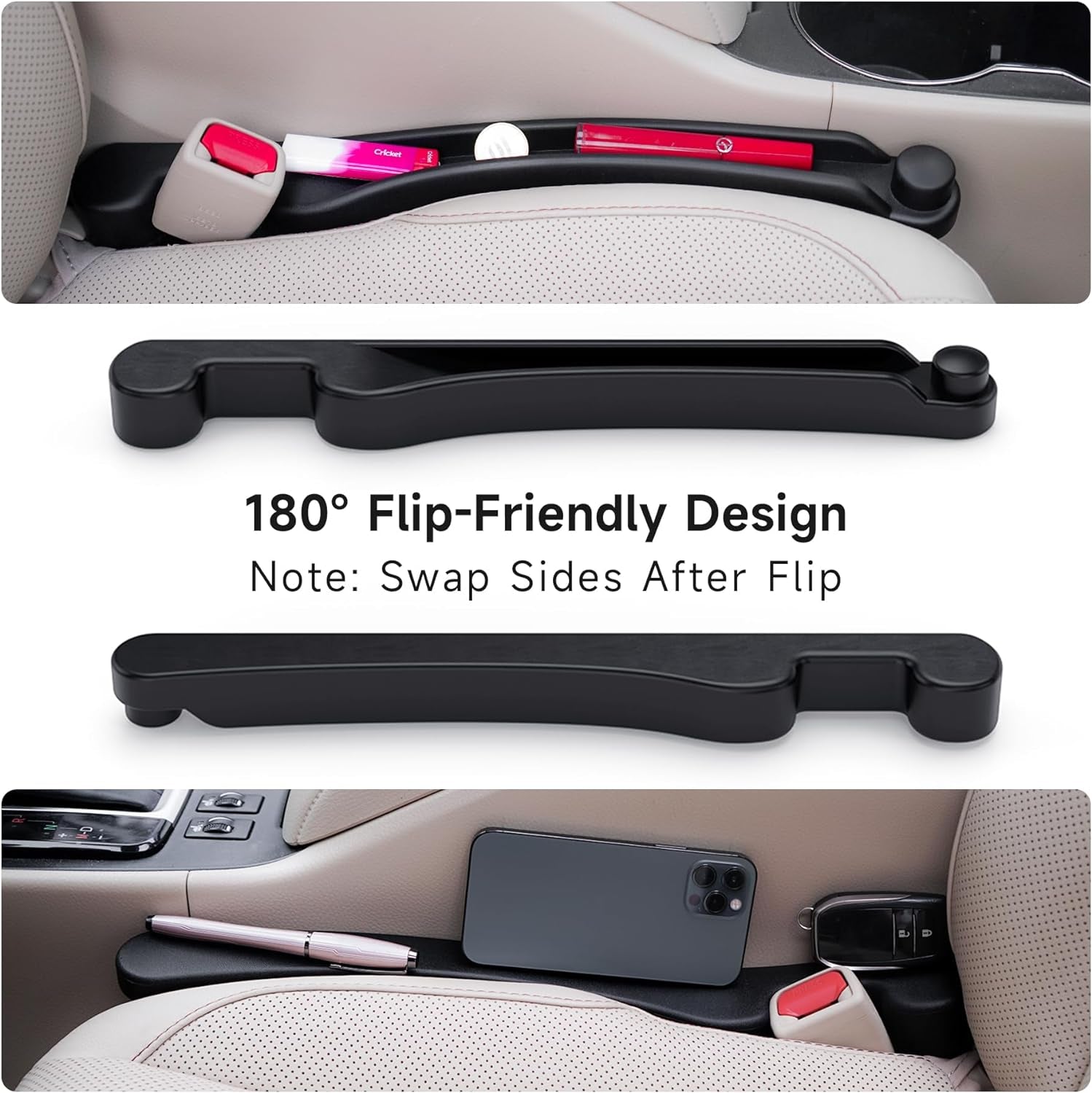 Car Seat Gap Filler Set of 2, Soft Foam Multifunctional Seat Side Gap Filler with Organizer & Hook Function, 3In1 Gap Stopper Universal Fit Car SUV Truck Fill the Gap between Seat & Console