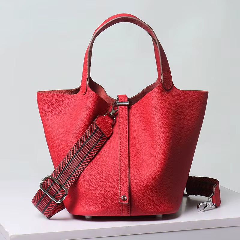 Various Genuine Leather Luxury Bag Fashion  Vegetable Basket Style Portable Women Bucket Bag with Lock