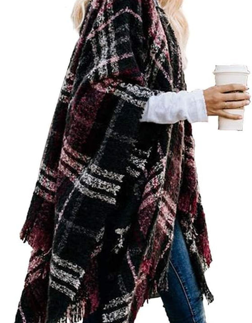 Load image into Gallery viewer, Womens Ponchos and Wraps,Juniors Knit Open Front Boho Buffalo Cardigan Oversized Plaid Shawl Cape Sweater
