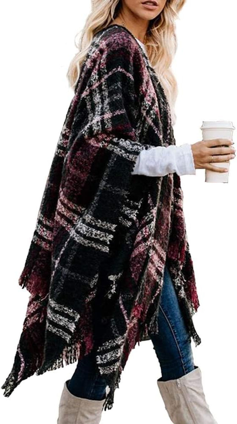 Womens Ponchos and Wraps,Juniors Knit Open Front Boho Buffalo Cardigan Oversized Plaid Shawl Cape Sweater