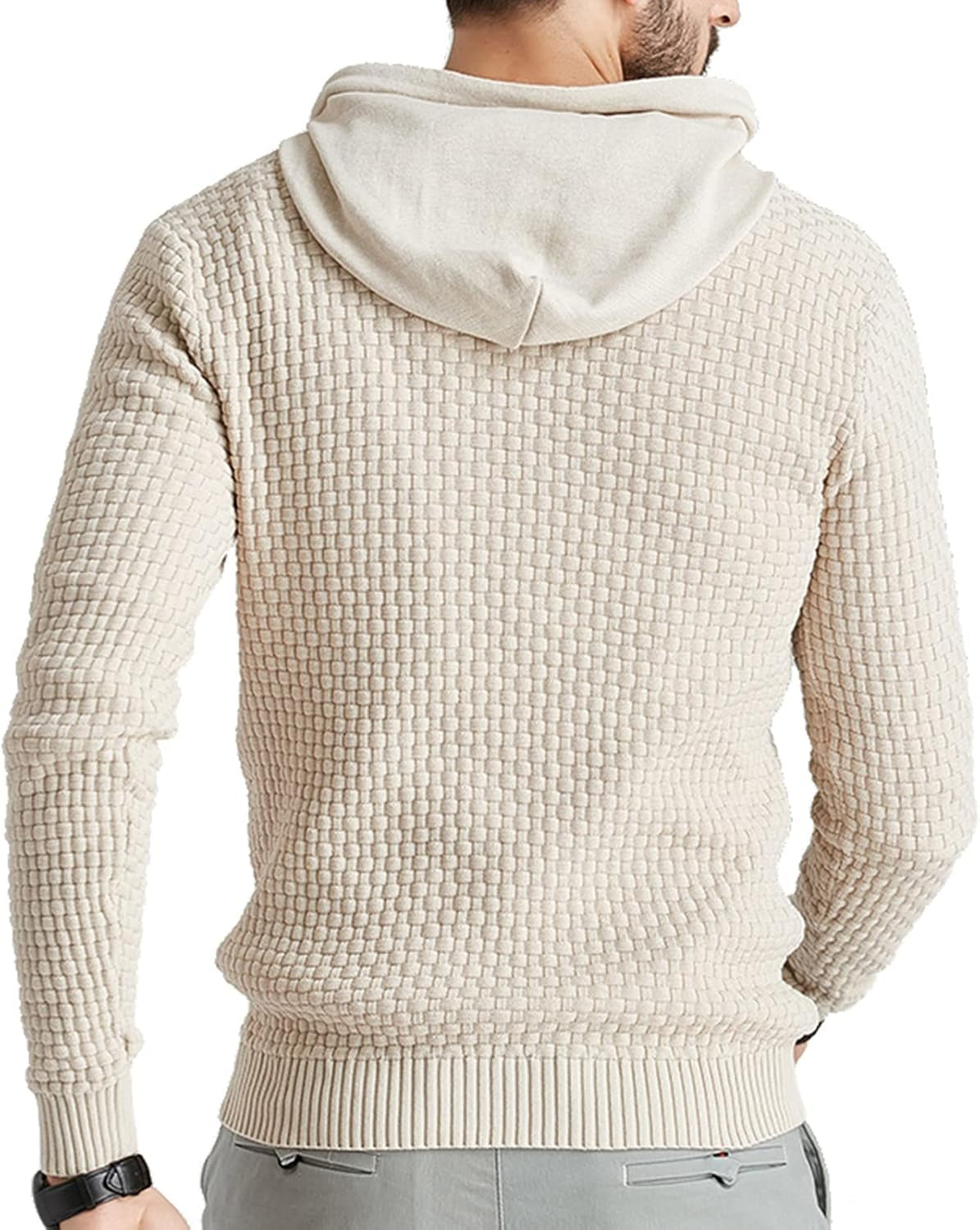 Mens Hooded Sweatshirt Long Sleeve Solid Knitted Hoodie Pullover Sweater