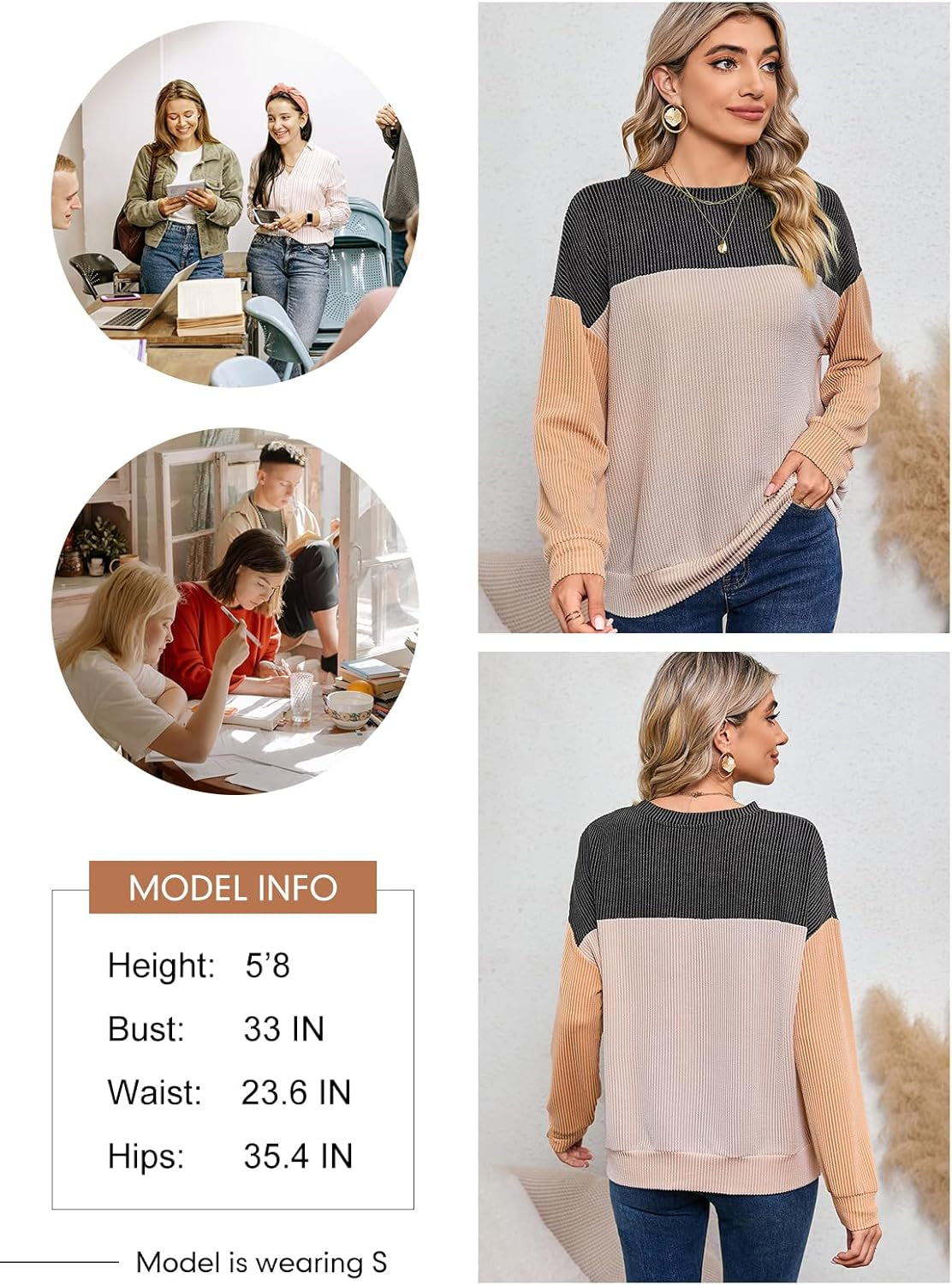 Womens Fashion 2024 Color Block Long Sleeve Crewneck Knitted Casual Loose Pullover Shirts Tops