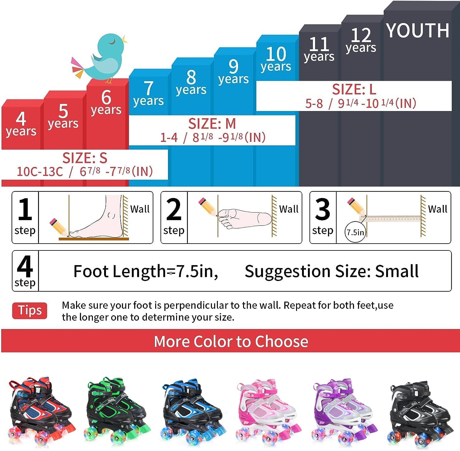 Kids Roller Skates for Boys Girls Kids, 4 Sizes Adjustable Quad Skates with All Light up Wheels - Birthday Gift for Indoor Outdoor Sports