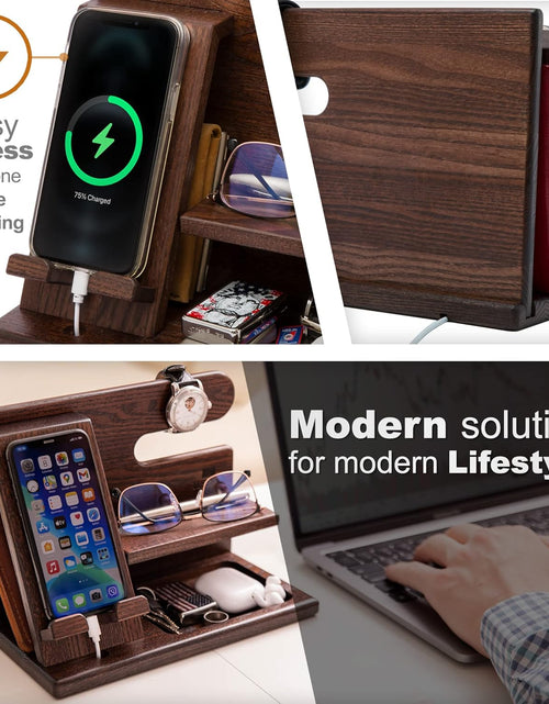 Load image into Gallery viewer, Wood Phone Docking Station - Nightstand Organizer - Desk Organizer for Husband - Birthday Gifts for Men, Dad - Idea for Anniversary from Wife - Key Holder - Stand Wallet &amp; Watch (Deep Brown)
