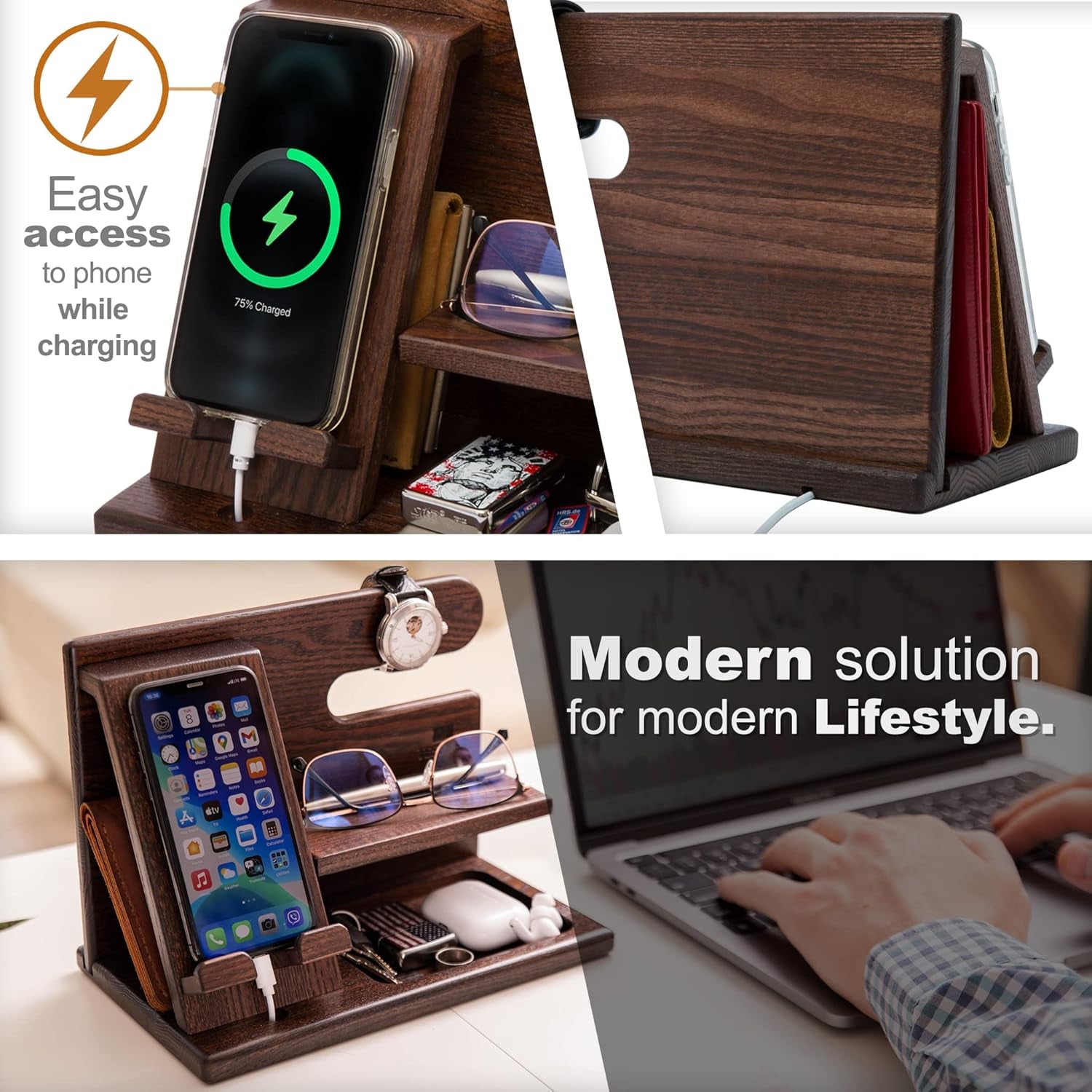 Wood Phone Docking Station - Nightstand Organizer - Desk Organizer for Husband - Birthday Gifts for Men, Dad - Idea for Anniversary from Wife - Key Holder - Stand Wallet & Watch (Deep Brown)