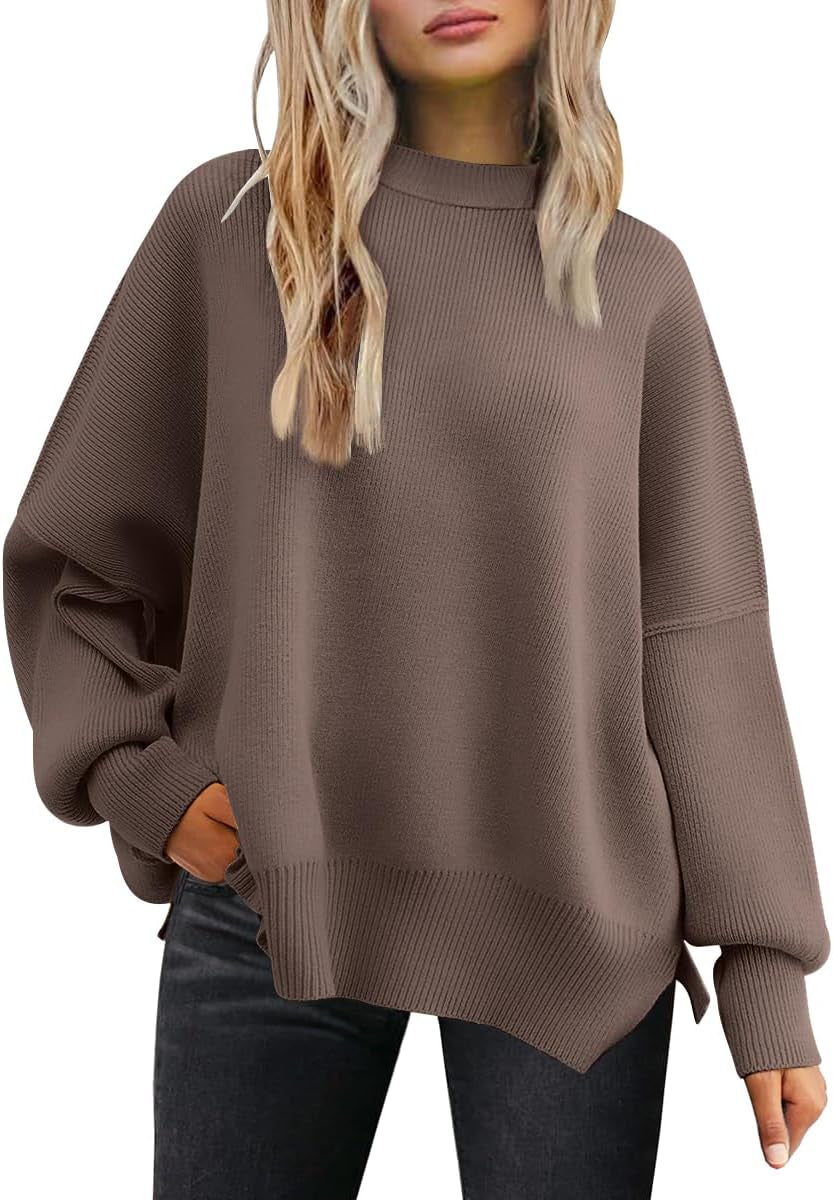 Women'S Oversized Batwing Sweaters 2024 Fall Outfits Crewneck Ribbed Knit Side Slit Trendy Pullover Tops