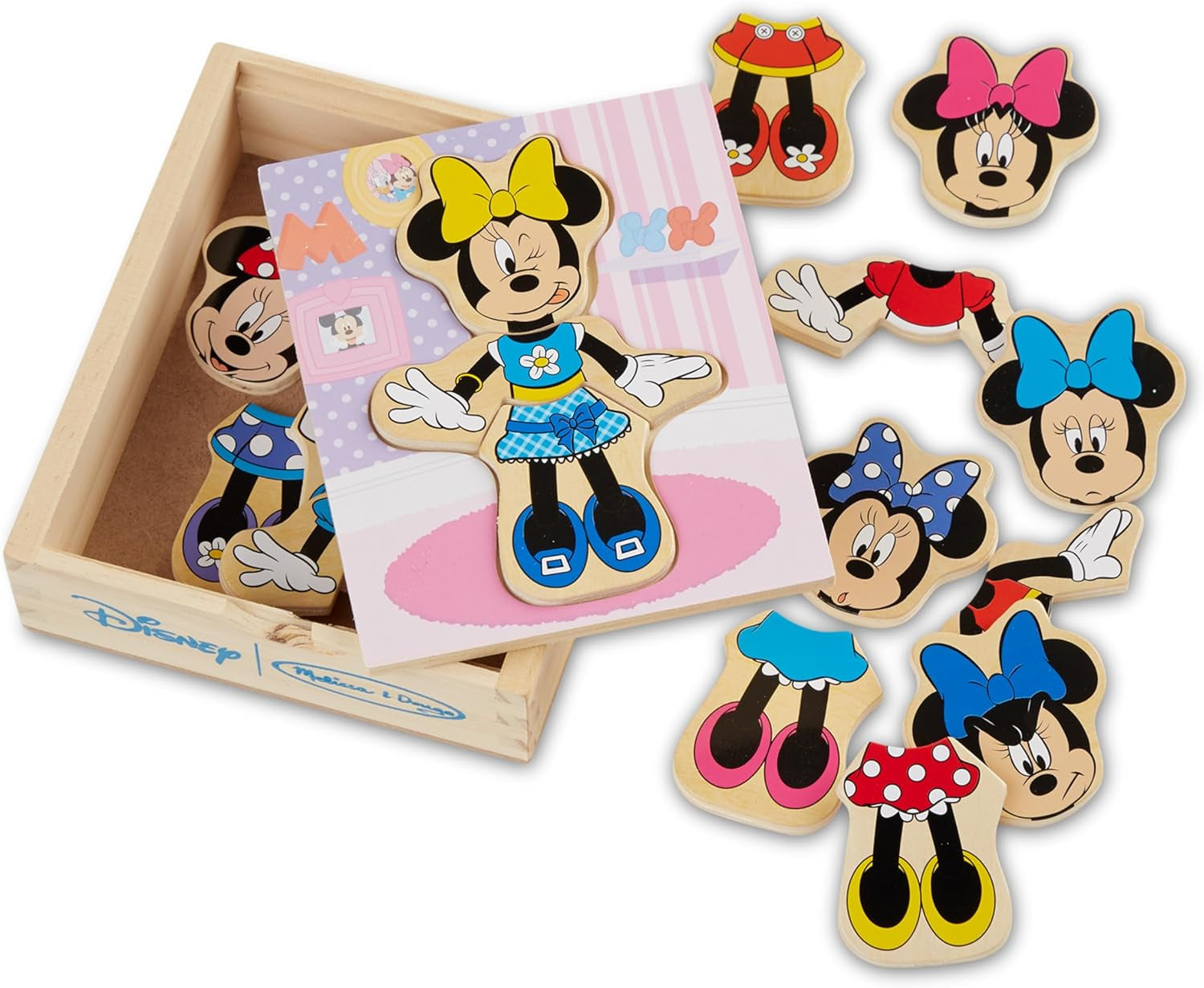 Disney Minnie Mouse Mix and Match Dress-Up Wooden Play Set (18 Pcs) - Minnie Mouse Toys for Disney Fans, Fashion Puzzle Travel Toys for Kids Ages 3+