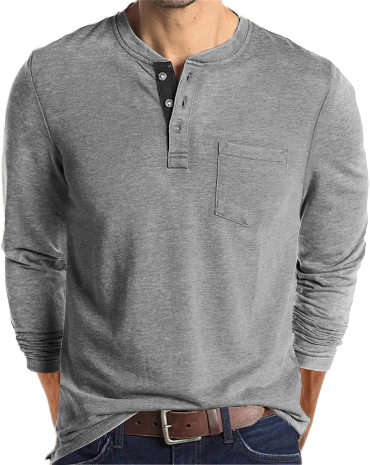 Mens Fashion Henley Shirts Long Sleeve Button Cotton T-Shirt with Pocket