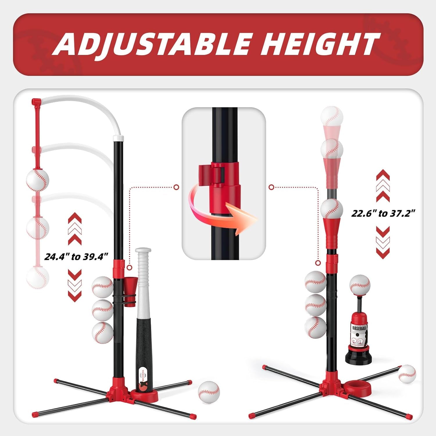 3-In-1 T Ball Set - Adjustable Height, Hanging Tee Ball Set with Automatic Pitching Machine/6 Balls/Retractable Bat, T Ball Stand Suit for Outdoor, Sport Toys Gifts for Kids Boys Age 3+