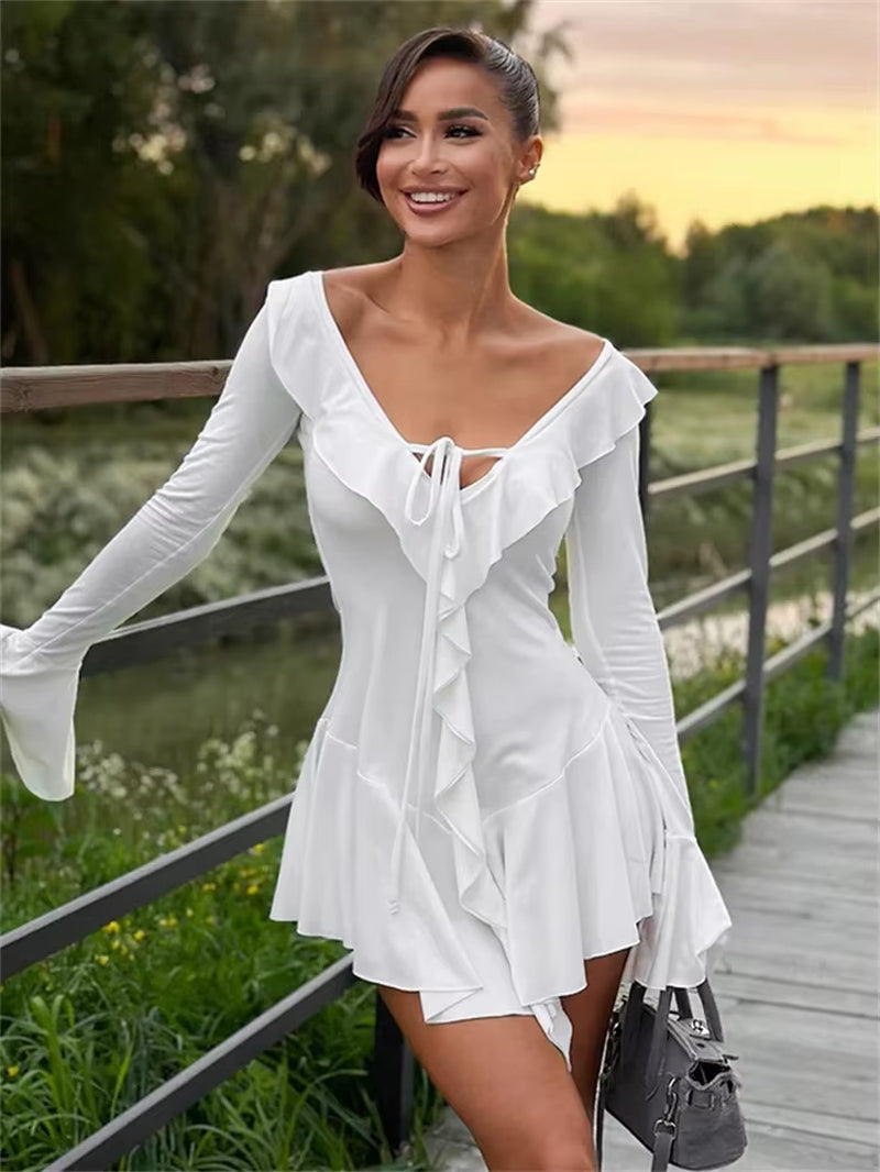 Ruffled Lace-Up White Mini Dress Women'S V-Neck Patchwork Long Sleeve Sexy Slim Dress Bandage Elegant Female Summer Dress